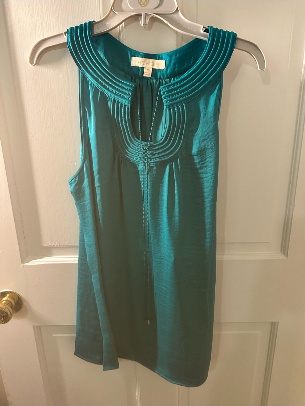 Etcetera Teal Pleated Yoke Sleeveless Top